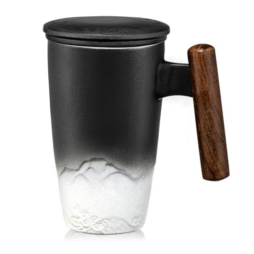 Tomotime Ceramic Tea Cup with Infuser and Lid Tea Mugs Wooden Handle 400ml