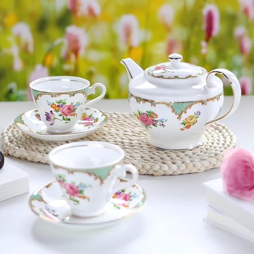 Porcelain Tea Set Vintage British Relief Gold Rim Teapot Cup and Saucer Sets 5