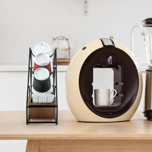 Industrial Matte Black Metal Wire & Acacia Wood Countertop Disposable Coffee Cup Organizer