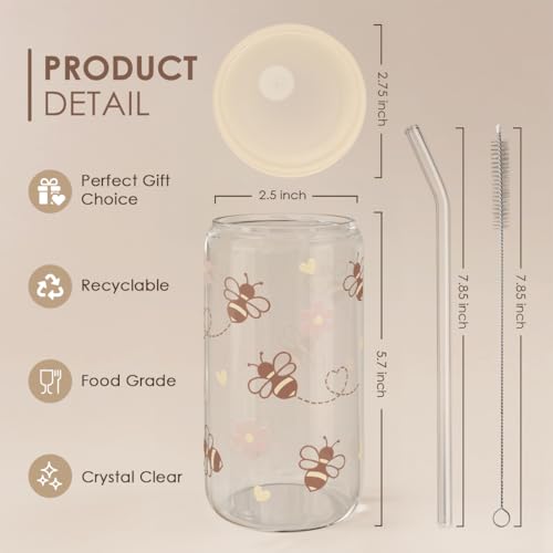 Bee 16oz Can Glass Tumbler with Acrylic Lid & Straw