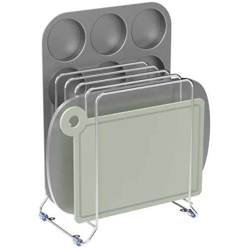2 Pack-X-Large Kitchen Cabinet Organizer - Storage Tray Organizer Rack for Kitchen Cabinet - Divided Holder with 5 Slots for Skillets, Cutting Board, Baking Sheets(Chrome) (2 Count)