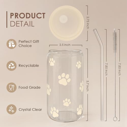 Paw Print 16oz Can Glass Tumbler with Acrylic Lid & Straw