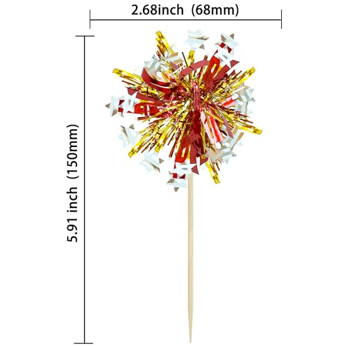 30Pcs Foil Firework Cupcake Toppers Sparkle Tinsel Cupcake Picks Happy Birthday Cake Decorations Drink Stirrers Cocktail Food Fruit Toothpicks for Baby Shower Graduation Party Supplies Gold Red (30 Count)