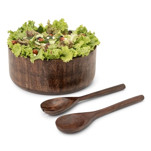 12" Dark Burnt Wooden Salad Bowl Set with Serving Utensils Eco