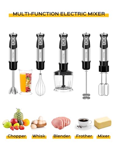 6-in-1 Hand Immersion Blender, 1000W 12 Speed Handheld Blender with 600ml Beaker, 500ml Chopper, Egg Whisk, Milk Frother, Stainless Steel Blades for Soup, Smoothie, Puree