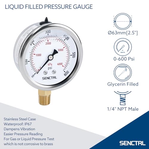 0 600 Psi Liquid Filled Pressure Gauge