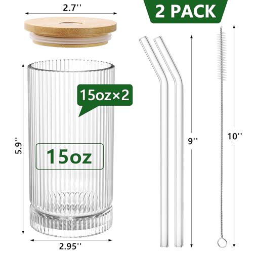 15 Oz Glass Cups with Lid and Straw (2 Count)
