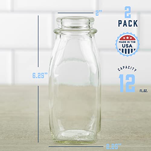 12 Oz Square Glass Milk Jugs with Caps (2 Count)