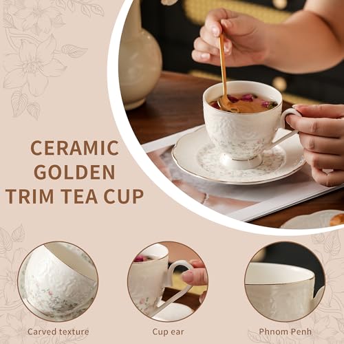 Interglio Embossed Bone China Tea Cup and Saucer Set (3 Count)