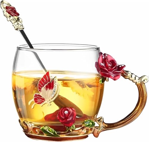 Tea Cup Gifts for Mom Women Mothers Day Glass Coffee Enamels Mug Birthday Butterfly Rose Valentines Day Christmas Tea Cup with Spoon