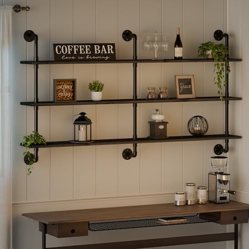 Floating Shelves 70 inch Wall Bookshelf Industrial Pipe Shelving Shelves Real Wood Planks Rustic Wall Shelves Hanging Bookshelves Farmhouse Kitchen Bar Shelving