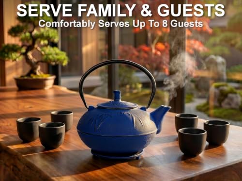 85 Oz XXL Blue Bamboo Cast Iron Teapot