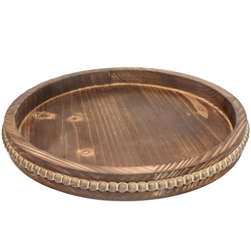 Round Burnt Wood Serving Tray with Beads