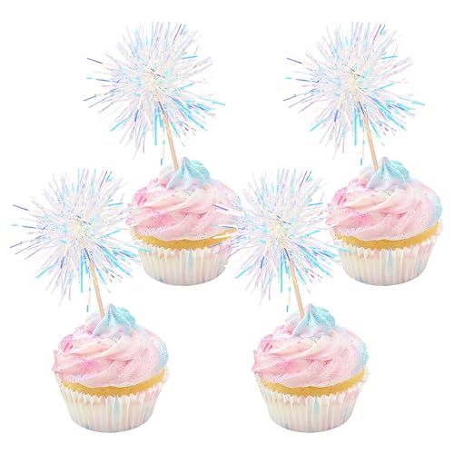 30 PCS Foil Firework Cupcake Toppers Happy Birthday Cupcake Toppers Sparkle Tinsel Flower Drink Stirrers Cocktail Fruit Toothpicks for Valentine's Day Baby Shower Party Cake Decor Supplies White (30 Count)