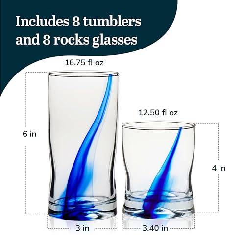 Blue Ribbon Tumbler & Rocks Drinking Glasses Set of 16 (16 Count)
