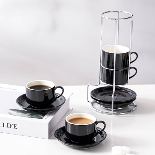 2.5 Ounce Stackable Espresso Cups with Saucers and Metal Stand (4 Count)