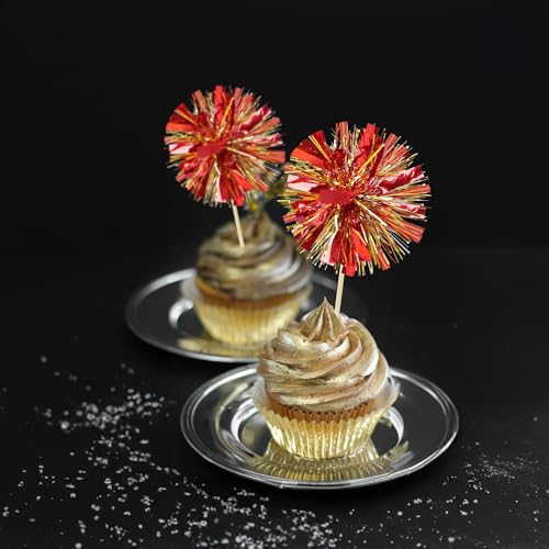 30Pcs Foil Firework Cupcake Toppers Sparkle Tinsel Drink Birthday Cake Decorations Cocktail Food Fruit Toothpick for New Years Wedding Birthday Party Decorations Gold Red (30 Count)