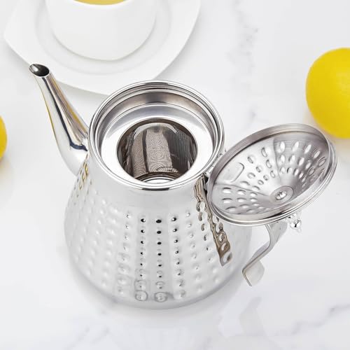 1.2L(40oz) Stainless Steel Hammer Patterned Teapot With Removeable Infuser,Loose leaf cover,Silver