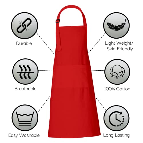 Bulk Apron Women Men with Pockets Cotton Kitchen Cooking Chef Aprons Red 35x27 Inches Set of 10 (10 Count)