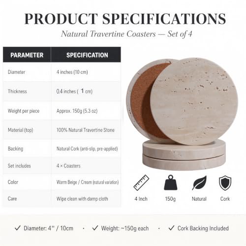 Travertine Stone Coasters Set of 4 (4 Count)