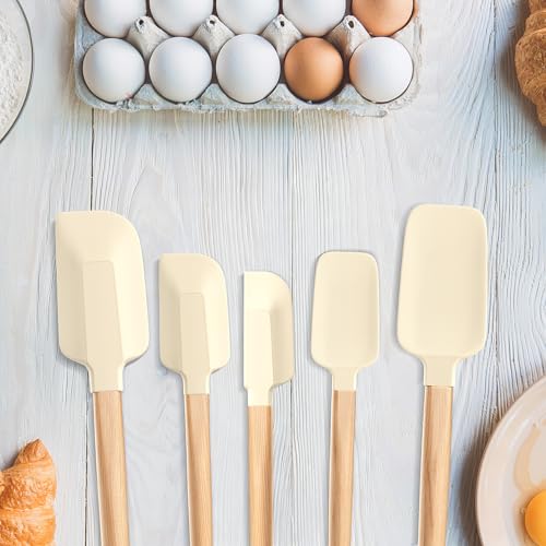 Wooden Handle Silicone Rubber Spatula Set 5 Piece for Kitchen Baking (5 Count)