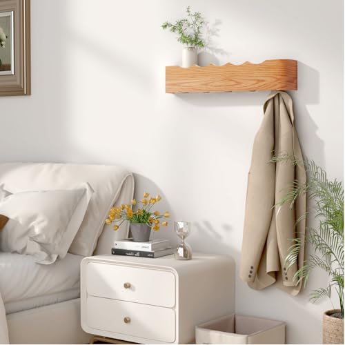 Wooden Wall Mounted Coat Rack with Shelf and Hidden Metal Hooks