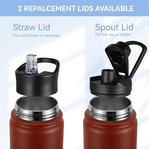 Insulated Water Bottle 22 oz Double Wall Stainless Steel Water Bottle Wide Mouth with Straw Lid & Spout Lid Keeps Cold or Hot