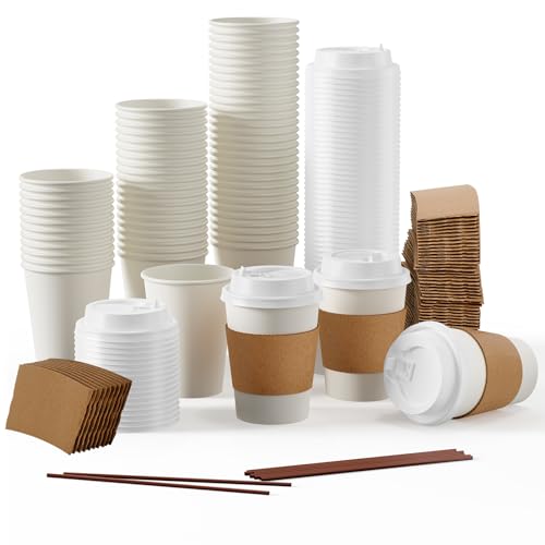 50 Pack 12 oz Disposable Paper Coffee Cups with Lids & Sleeves (50 Count)