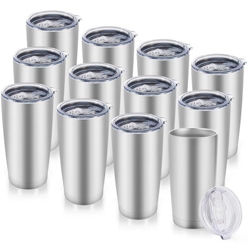 20 oz Tumblers Bulk Stainless Steel Tumbler with Lid Double Wall Vacuum Insulated Coffee Mug 20oz Powder Coated Cup for Hot and Cold Drinks (12 Count)