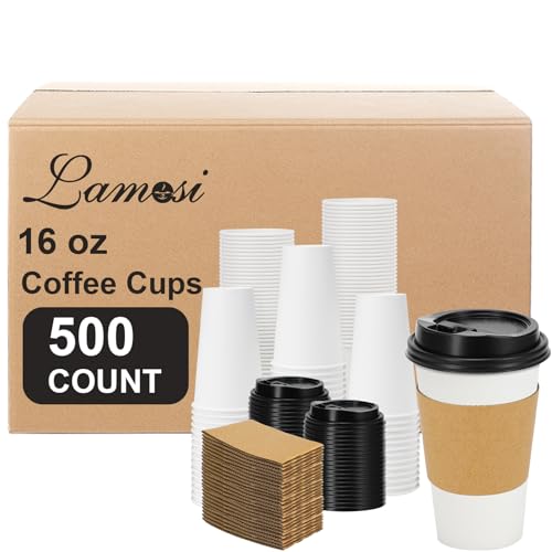 500 Pack 16 oz Disposable Coffee Cups With Lids and Sleeves (500 Count)