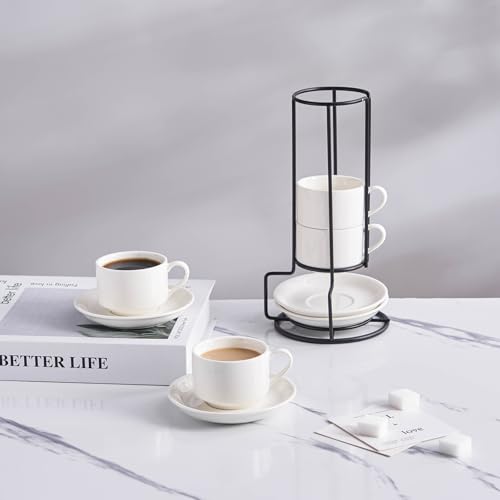 2.5 OZ Stackable Porcelain Espresso Cups with Saucers Set (4 Count)