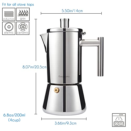 Diego Stovetop Espresso Maker Stainless Steel Italian Coffee Machine Maker 4Cup 6.8 oz Induction Moka Pot