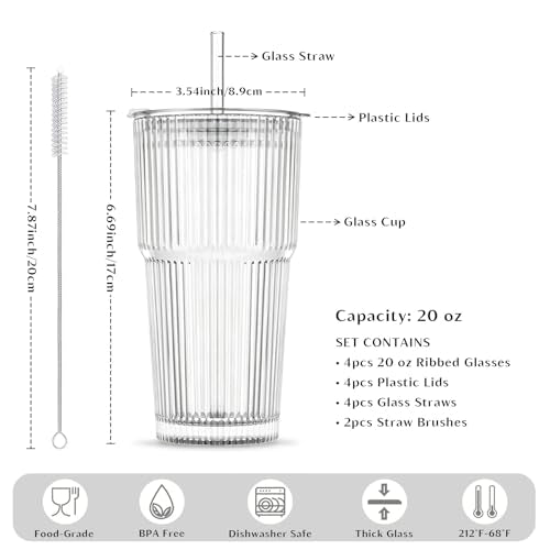 20 oz Ribbed Glass Tumblers with Lids and Glass Straws