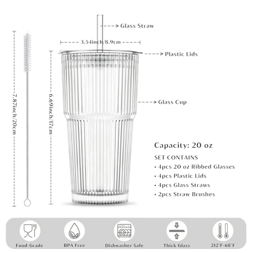20 oz Ribbed Glass Tumblers with Lids and Glass Straws