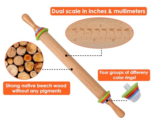 Rolling Pin with 4 Adjustable Thickness Rings and Long Handle 13.6 Inch Wooden Dough Roller for Baking
