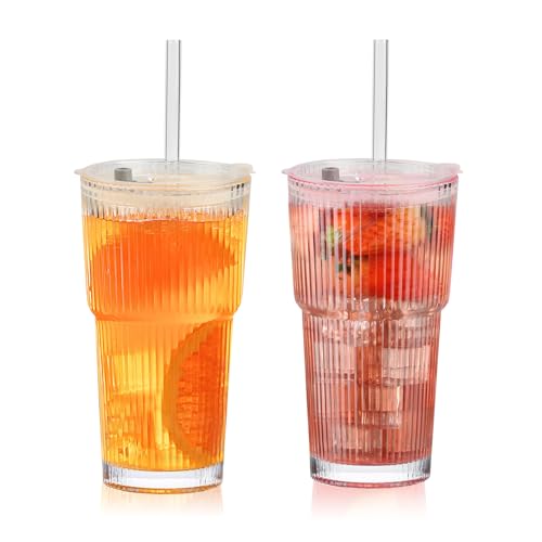 20oz Ribbed Glass Cups with Lids and Straws (2 Count)