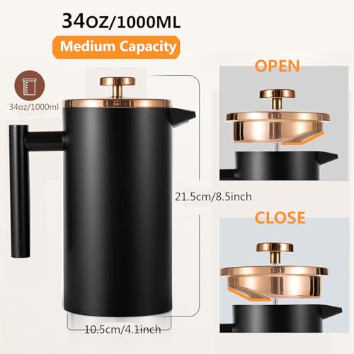 Black French Press Stainless Steel 34oz (34 Ounce)