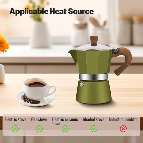12 Cup Aluminum Moka Pot Classic Stovetop Espresso Coffee Maker 600ml 20oz Coffeemaker Percolator Mocha Pot Greca Coffee Maker Cafe Makers for Italian and Cuban Café Brewing Green