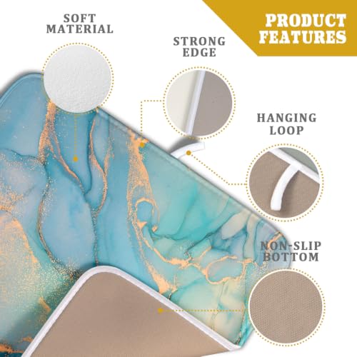 Marble Dish Drying Mat for Kitchen Counter Blue Teal Turquoise Gold Drying Mat 16 x 18 Inch Microfiber Dish Drying Pad Dish Rack Pad Drainer Mat for Coffee Bar