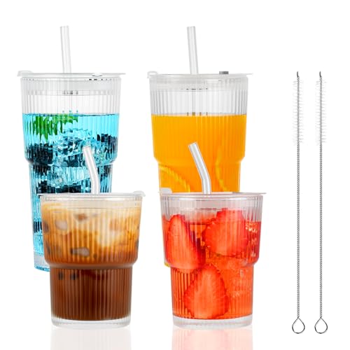 4 Pack 14&20 Oz Glass Cups with Lids and Straws Iced Coffee Cups Vintage Ribbed Glassware for Beer Ice Coffee Fruit Juice Elegant Aesthetic Cup Glass Iced Coffee Tumbler Include 2 Cleaning Brushes