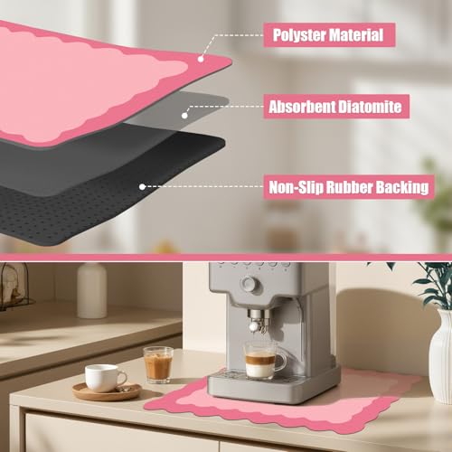 Rose Pink Scalloped Coffee Mat for Countertop Coffee Bar Mat Matt