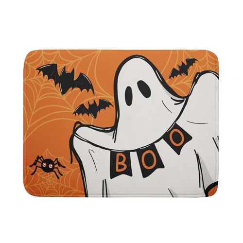 Orange Halloween Dish Drying Mat Spooky Boo Ghost Black Bats Dish Drainer Mats 18"x24" Spider Web Microfiber Reversible Dish Drying Rack Pad Protector for Kitchen Countertop Large Decor