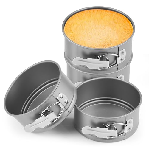 4 Pcs 4 Inch Non Stick Springform Pan with Removable Bottom Carbon Steel Round Springform Cheesecake Pan with Stainless Steel Spring Buckles for Baking Kitchens Restaurant (4 Count)