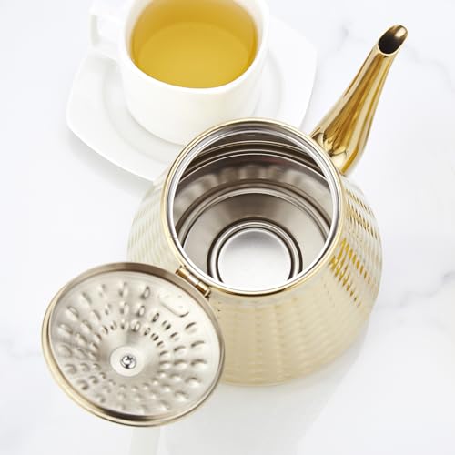 1.6L(54oz) Stainless Steel Hammer Patterned Teapot With Removeable Infuser,Loose leaf cover,Gold