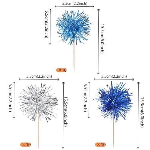 30 PCS Foil Firework Cupcake Toppers Sparkle Tinsel Cupcakae Picks Foil Firework Decorations Cocktail Fruit Toothpick for Fireworks Theme Birthday Wedding Graduation Party Decor Blue Silver Light Blue (30 Count)