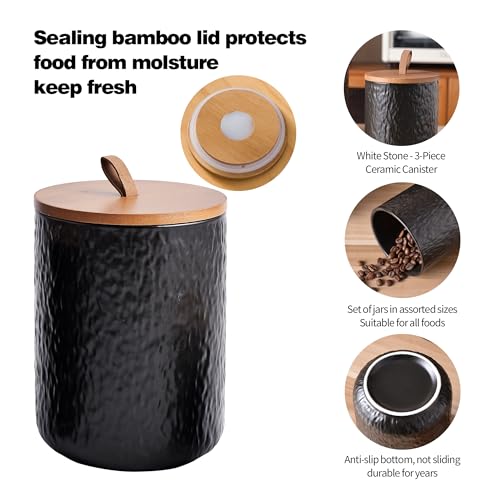 Black Stone Ceramic Canister with Bamboo Lid (3 Count)
