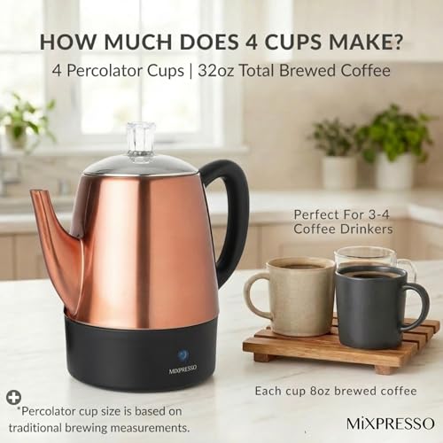 4 Cup Copper Small Electric Percolator Coffee Pot Stainless Steel (4 Count)