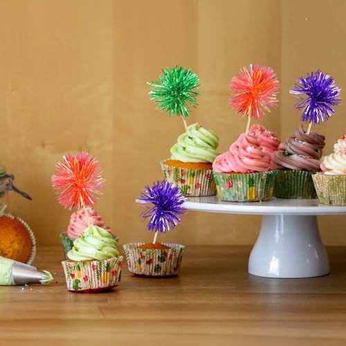 30Pcs Foil Firework Cupcake Toppers Sparkle Tinsel Cake Toppers Tinsel Drink Cake Decoration Cocktail Picks for Halloween Birthday Wedding Graduation Party Supplies Purple Green Orange (30 Count)