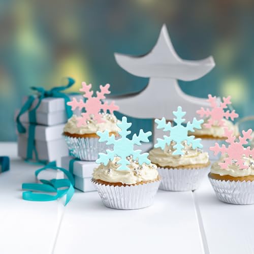 50Pcs Pink Edible Cupcake Cake Toppers Snowflake Cake Decorations for Christmas Winter Frozen Theme Party Supply Decoration Blue Pink (50 Count)