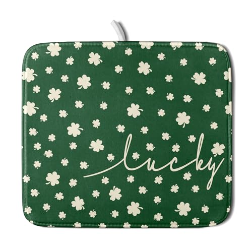 St Patricks Day Dish Drying Mat Green Lucky Clovers Dish Drainer Mats 16"x18" Shamrock Holiday Microfiber Reversible Dish Drying Rack Pad Protector for Kitchen Countertop Small Decor